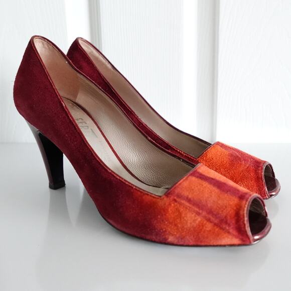 Vintage 90s Salvatore Ferragamo Burgundy Orange Ombre Open Square Toe Pumps - Picture 1 of 13
